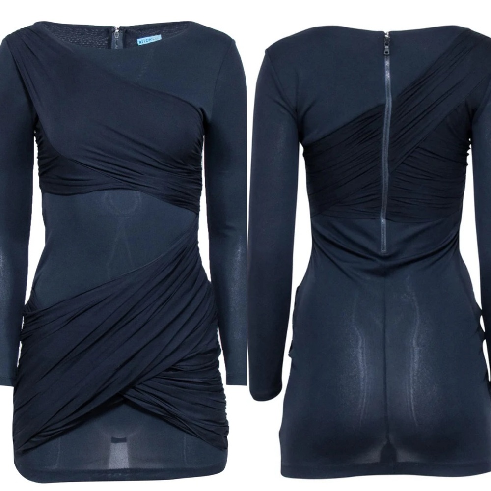 Alice + Olivia Navy Blue Draped Goddess Bodycon Long Sleeve Dress Sz 4